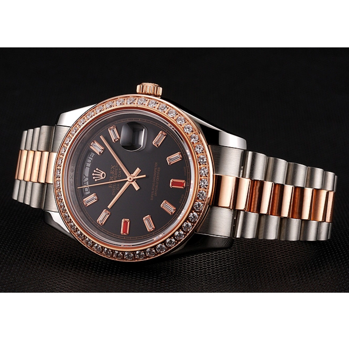 Aaa replica watch 1454106 Rolex Gold Dial And Black Day-Date Rubies Diamonds Swiss Staineless And Rose Steel Bracelet 0629